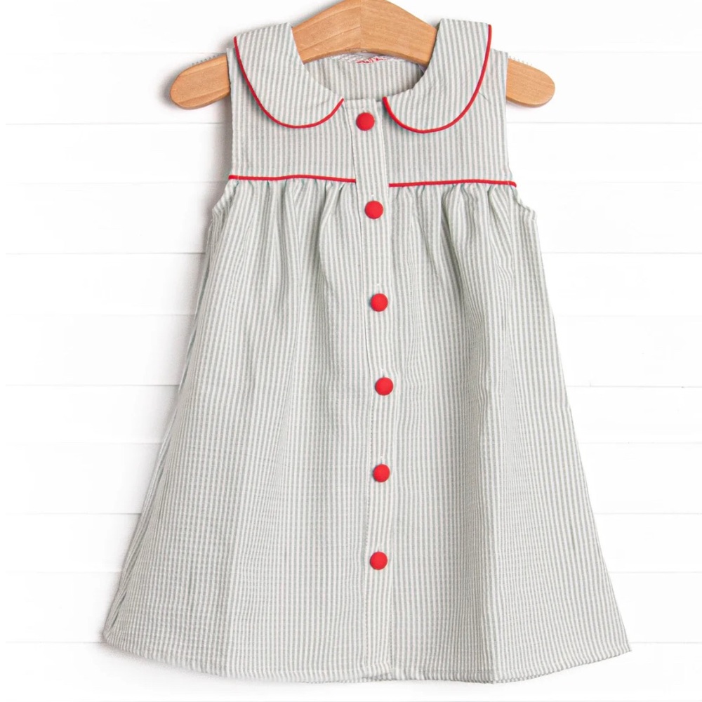 Stitchy Fish Back to School Basics Dress, Sage Seersucker 3T